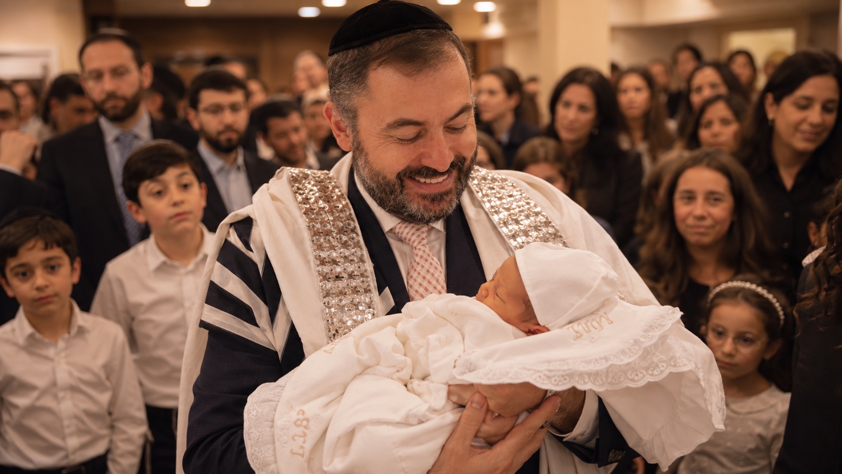 A mohel holding a newborn at a bris ceremony surrounded by family
