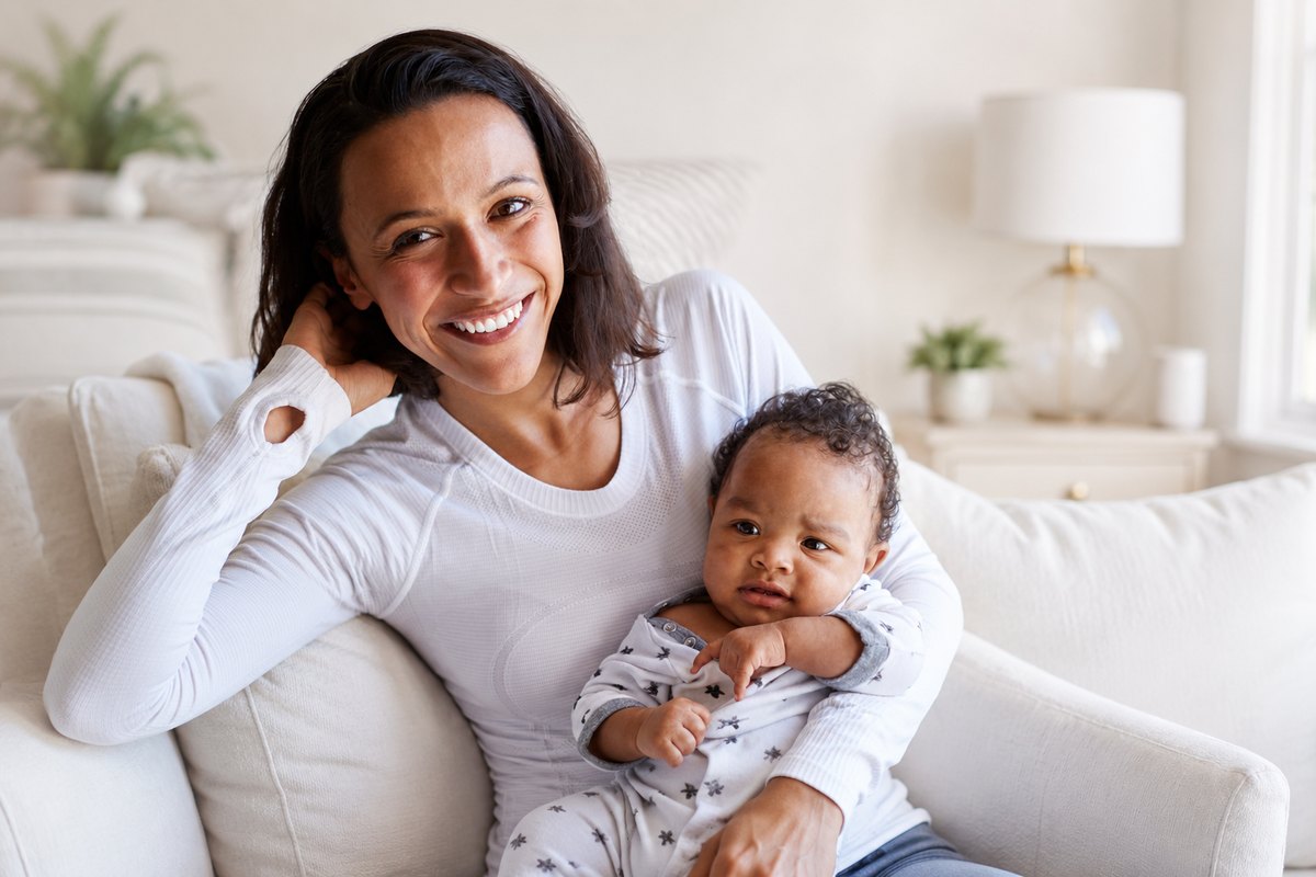 Mother and baby resting comfortably at home